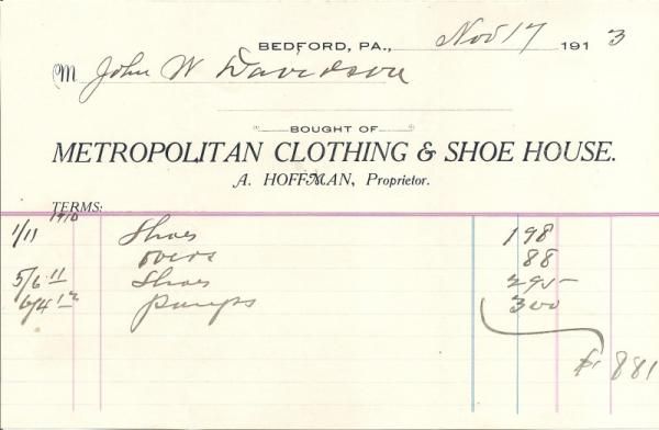 Metropolitan Clothing & Shoe House Bedford PA Billhead  