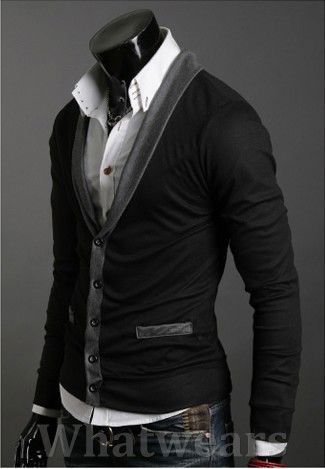 Mens V  Neck Slim Sweater Cardigan Coat Tops Black W08  