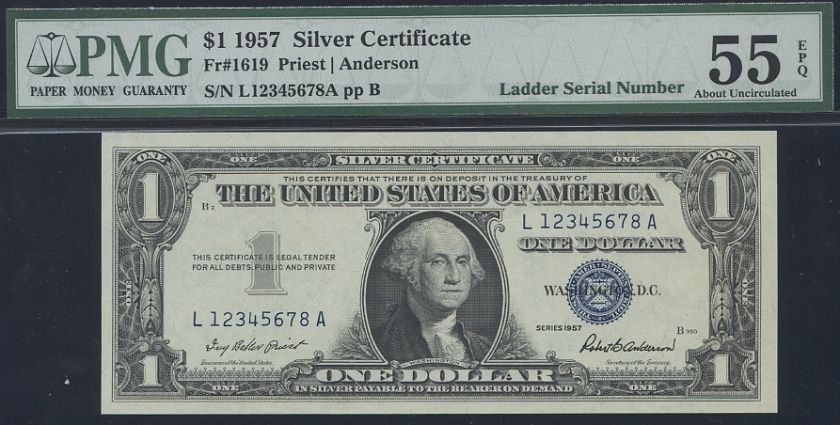 1957 $1.00 SILVER L12345678A P.M.G #55EPQ  