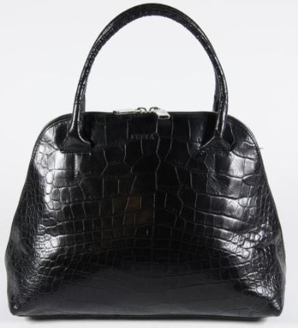 Furla Black Crocodile Embossed Polished Leather Dual Zip Hand Bag Tote 