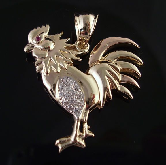 14k Tri Color CZ Rooster Pendant Solid Back NICE  