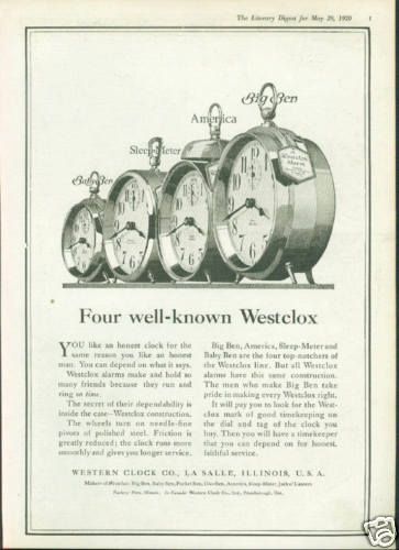 1920 Westclox Alarm Clocks (4 models shown) Vintage Ad  