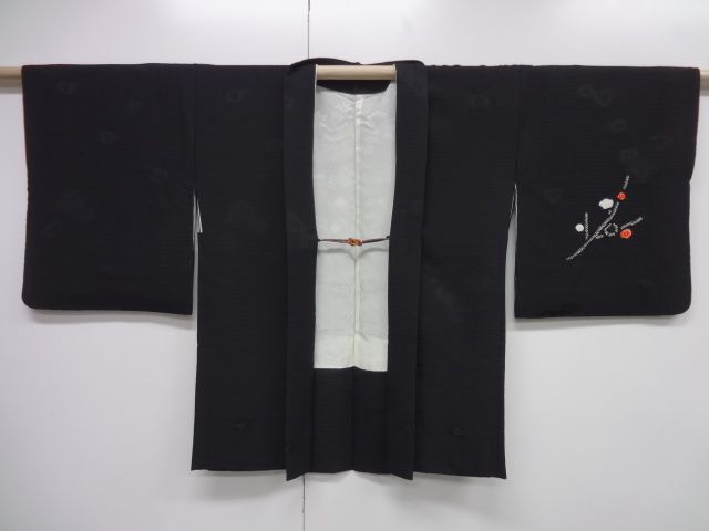 22938# Japanese KIMONO SILK / VINTAGE HAORI BLACK / SHIBORI FLOWER 