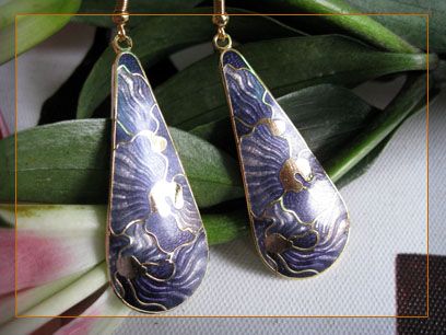 gold plated cloisonne enamel purple tear drop dangle earrings 2523