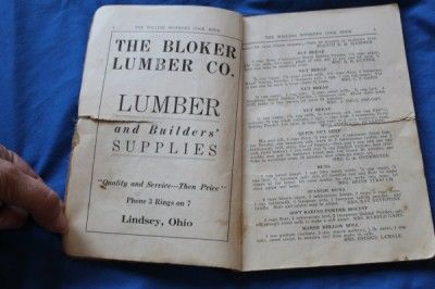 Vintage COOKBOOK Willing Workers, Lindsey OH Ads, Names  