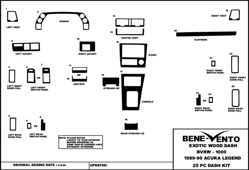 ACURA LEGEND 1989 1990 WOOD GRAIN DASH TRIM KIT  