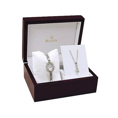 Bulova 96T49 Womens Watch and 3 stone Pendant Set  