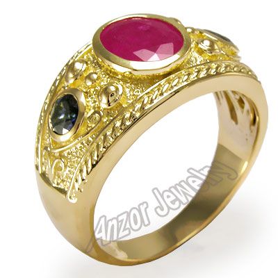 Mens 18k Gold Genuine Ruby & Ceylon Sapphire Ring Free Worldwide 