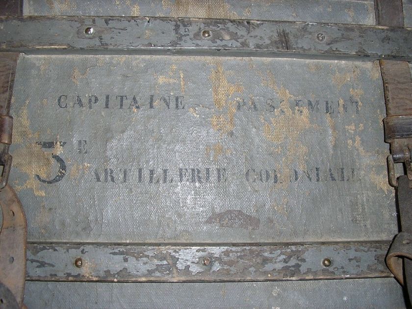 FRENCH ARMY TRUNK CAPTAIN 3rd COLONIAL ARTILLERY PEWTER LINED CANVAS 