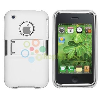 White w/ Chrome Stand Snap on Hard Cover Case+Privacy Protector For 