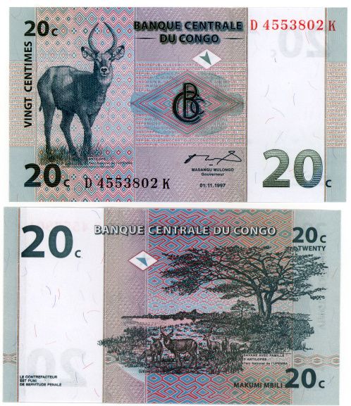 CONGO 20 CENTITME P 83 UNC BANKNOTE Waterbuck 1.11.1997  