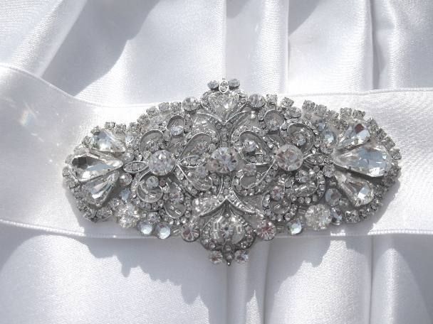 Wedding Gown Dress Silk Satin Sash with Crystal Brooch  