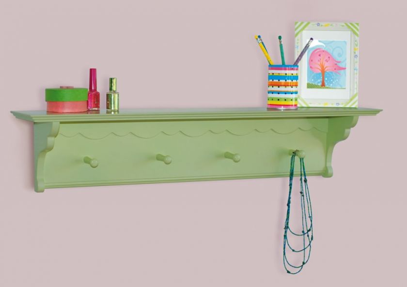 GREEN scalloped Wood Wall Shelf w/4 Pegs Kids Teens NEW  