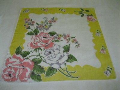 VINTAGE ROSE FLORAL PRINT HANDKERCHIEF HANKIE 12X12  