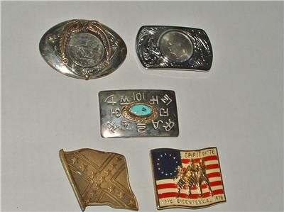 LOT 5 VINTAGE BELT BUCKLES SILVER DOLLAR FLAGS TURQUOISE  