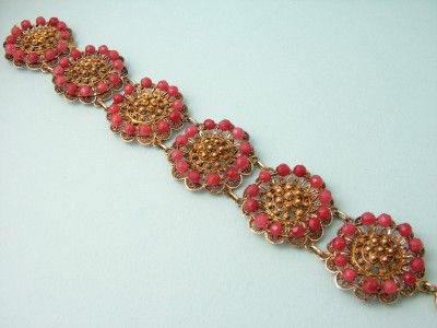 ANTIQUE 1940S CONTINENTAL SILVER & RUBY, FILIGREE BRACELET  