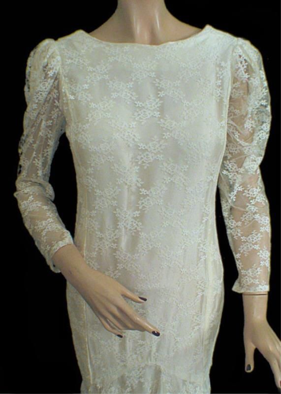 Vtg 80s 20s Flapper Drop Waist Fishtail Wedding Dress S M Ivory 