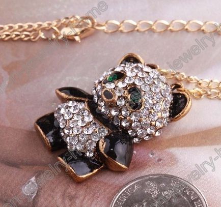 Womens Fashion Shiny Rhinestone crystal panda pendant Sweater chain 