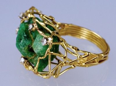 18ct Gold uncut Emerald & Diamond Ring ca1970.Unique Retro Vintage 