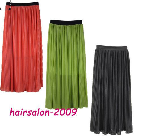 Appealing Girl 4 Color Chiffon Pleated Retro Elastic Waistband Long 