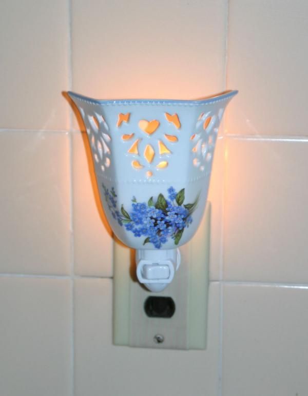 Forget Me Not Flowers on PIERCED Porcelain NIGHT LIGHT Wall Socket ON 