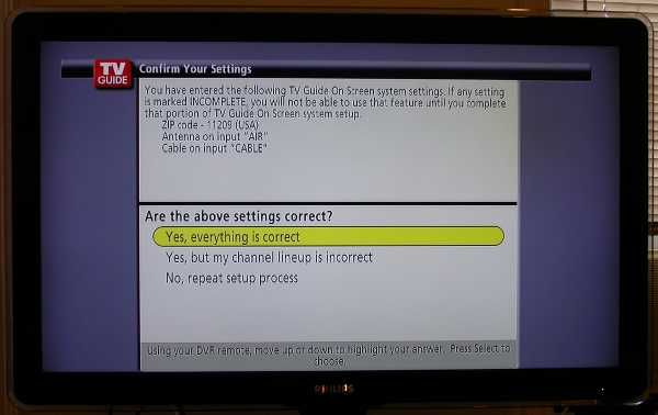 Confirmation screen for TV Guide On Screen (TVGOS) setup