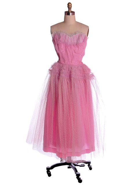 Vintage Prom Dress Flocked Pink Tulle Jacket 1950s 2 4  