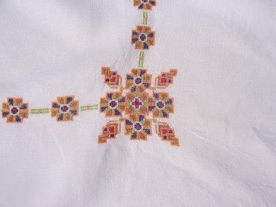   Linen Table Cloth White 32 x 32 Hand Done Cross Stitch 1950  