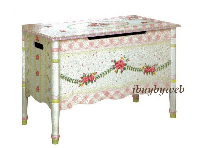 Kids Pink Flower Crackle Finish Toy Chest Storage Box  