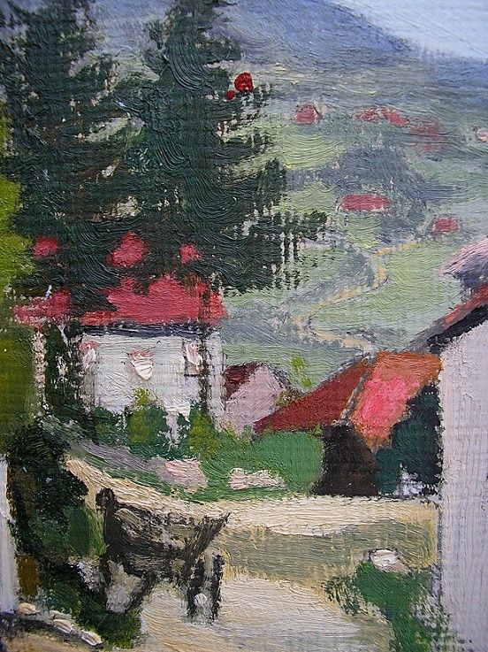 OIL PAINTING SWISS ALPS HILL TOWN CHURCH B. DUMAS 1935  