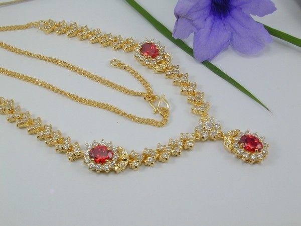   Spessartite Garnet CZ 22K 24K Gold GP Baht Thai Necklace  