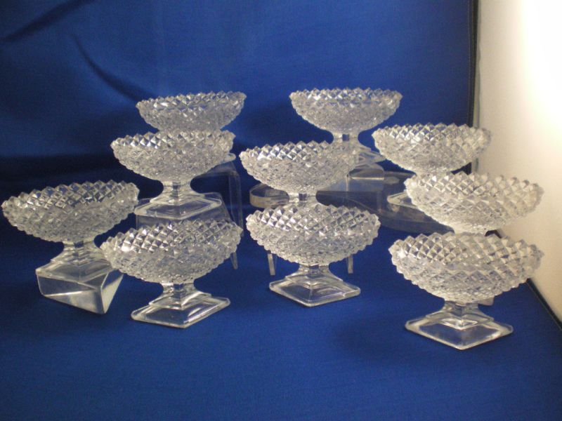 10 Antique BOAT shape pattern glass PEDESTAL SALTS  