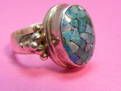 NANAS Vintage Sterling Silver Bead & Opal Inlay Ring Size 6  