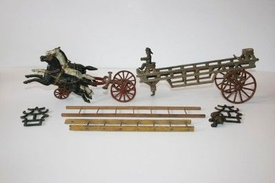 Antique Cast Iron Fire Wagon Truck Ladders 3 Horses Gen Vintage Toy 