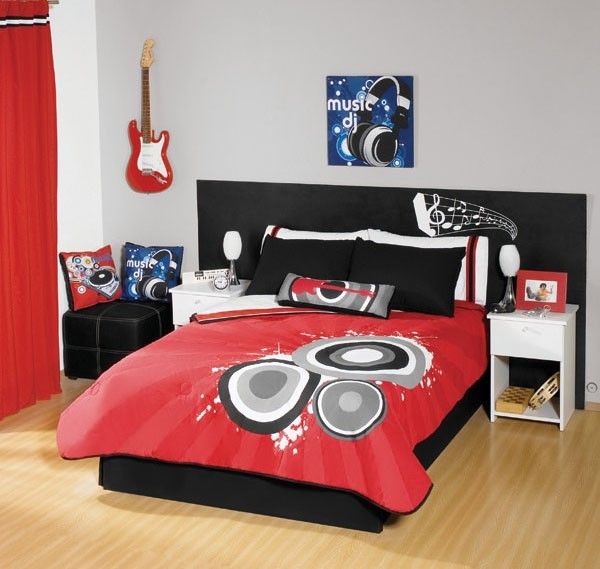   Boys Red White Black Music Audio Comforter Bedding Set Queen 5 Pieces