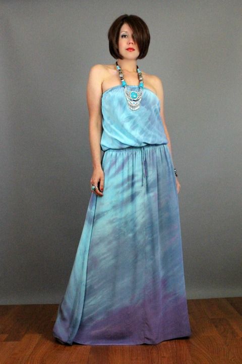   05 OMBRE Draped GODDESS Strapless Grecian Boho SILK Maxi Sun DRESS S L