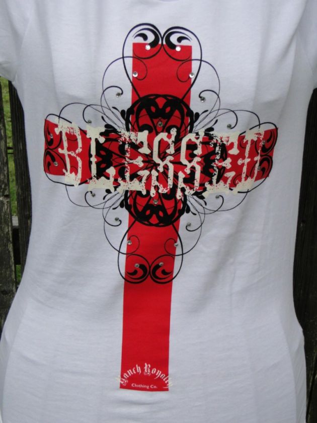 RANCH ROYALTY BLESSED WHITE/RED RHINESTONE CROSS SHIRT  