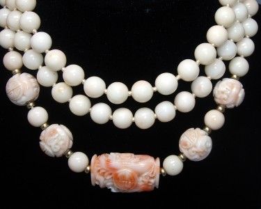 LONG~Vintage Carved Oriental ANGEL SKIN CORAL Bead Necklace 38~14K 