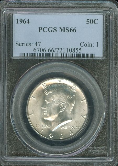 1964 KENNEDY HALF PCGS MS66 BLAST WHITE.  