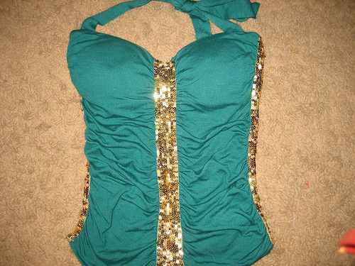 ANNA PAUL GREEN SEQUIN GOLD HALTER SIZE XS WOMENS  