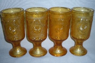 BROCKWAY GLASS SANDWICH GOBLETS FLOWER AMBER VINTAGE  