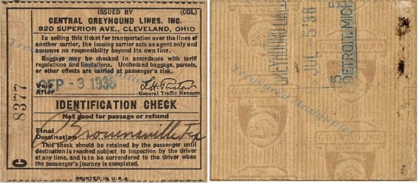 1938 Central Greyhound Lines Bus Tickets Brownsville Tx  