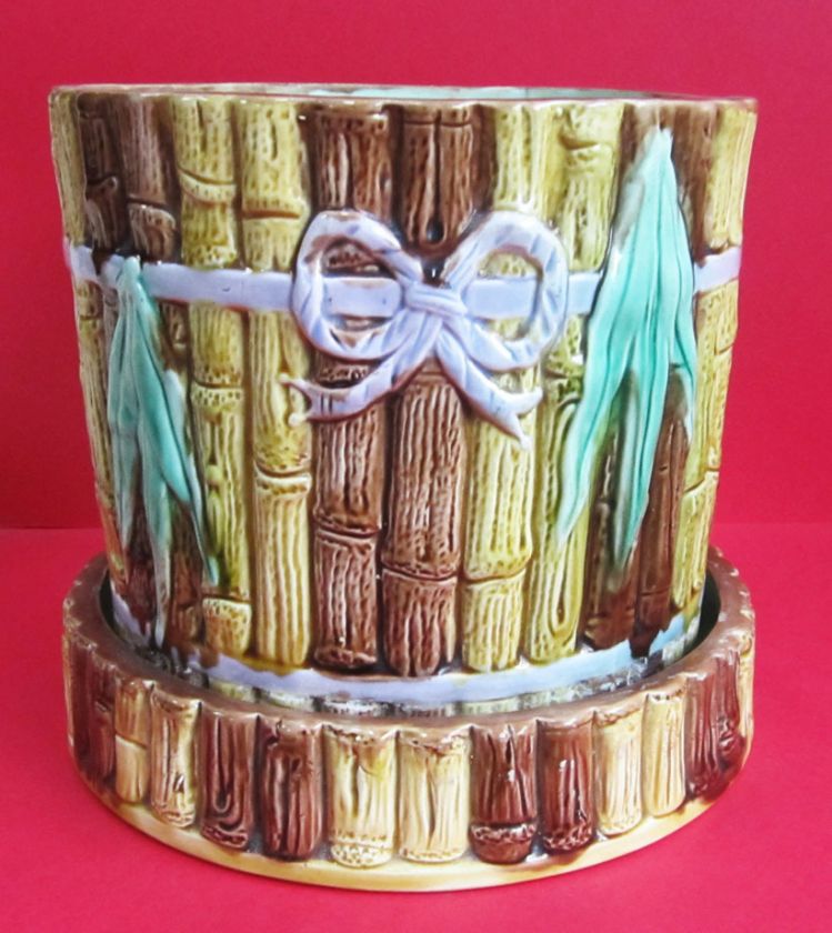 ANTIQUE ENGLISH MAJOLICA BAMBOO CACHE POT  