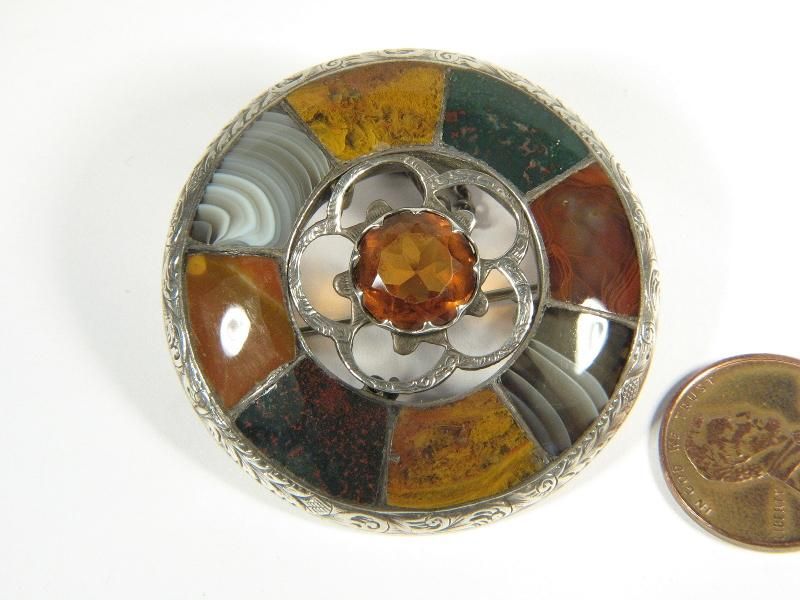 ANTIQUE SCOTTISH SILVER AGATE CAIRNGORM BROOCH c1870  