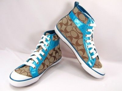 New Coach Britney Khaki Aqua High Top Sneakers 6.5  