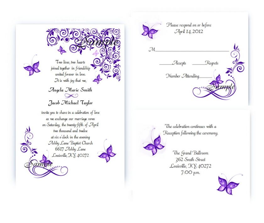 100 Personalized Custom Purple Butterfly Bridal Wedding Invitations 