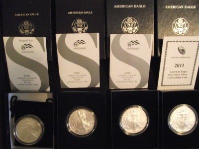 ALL 4 BURNISHED SILVER EAGLES 2006 W, 2007 W, 2008 W, & 2011 W 