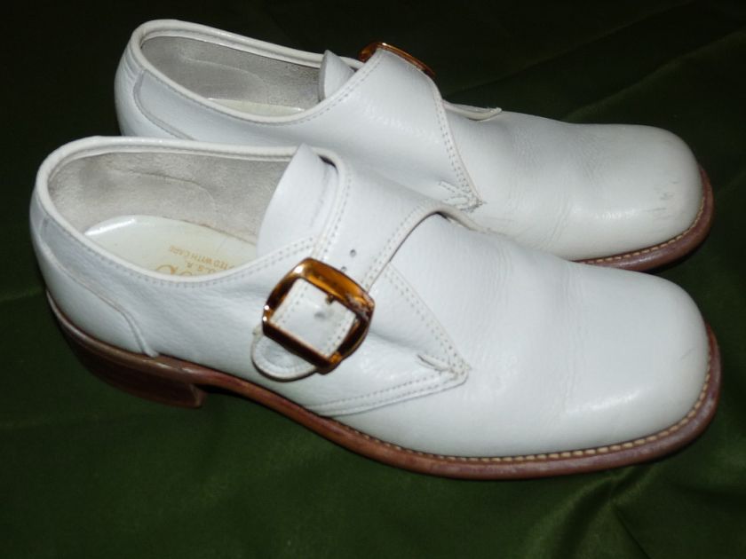 Vtg WHITE Dress Shoes Mens SEBAGOS 7.5 BUCKLES Leather  