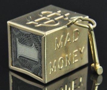 Estate Vintage 14K Yellow Gold Mad Money $1 Dollar Box Moving 3D Charm 