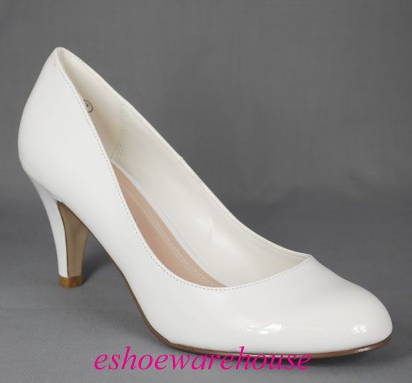 Round Toe Cutie Comfy Mid Heel Pumps Shoes White Patent  